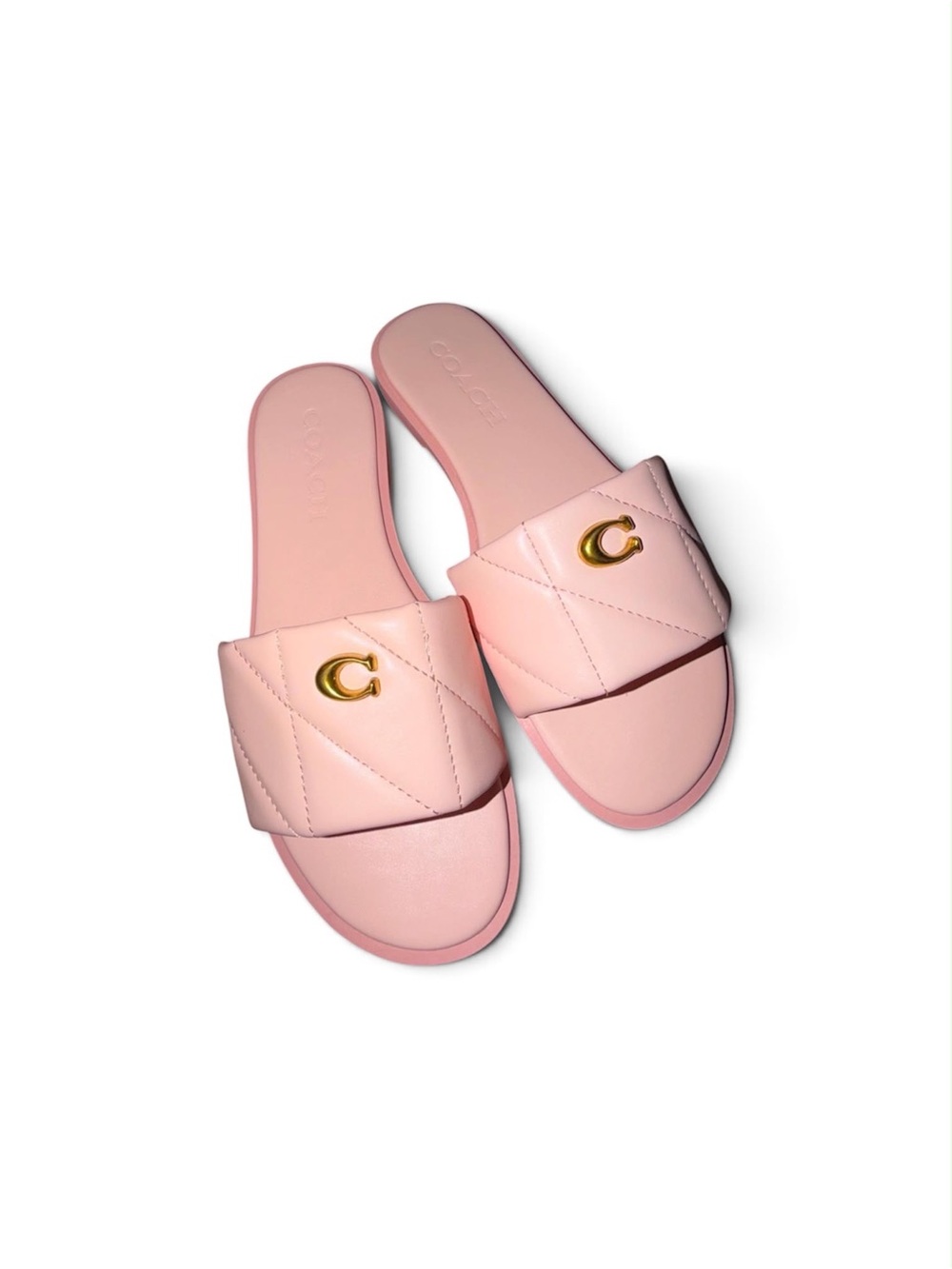 Coach Pink Quilted Slide Sandals with Gold C Accent
